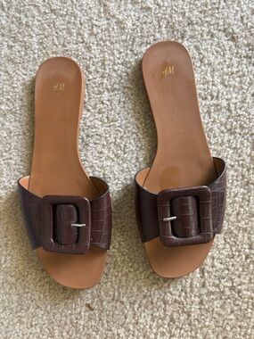 H&M Dark Brown Croc-Embossed Buckle Slide Mules